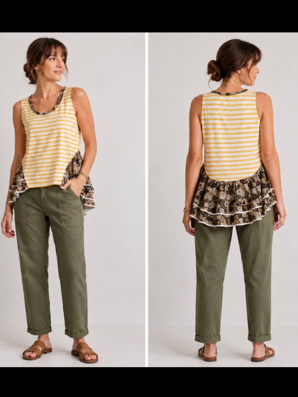 Anthropologie Yellow Striped Floral Ruffle Tank Top
